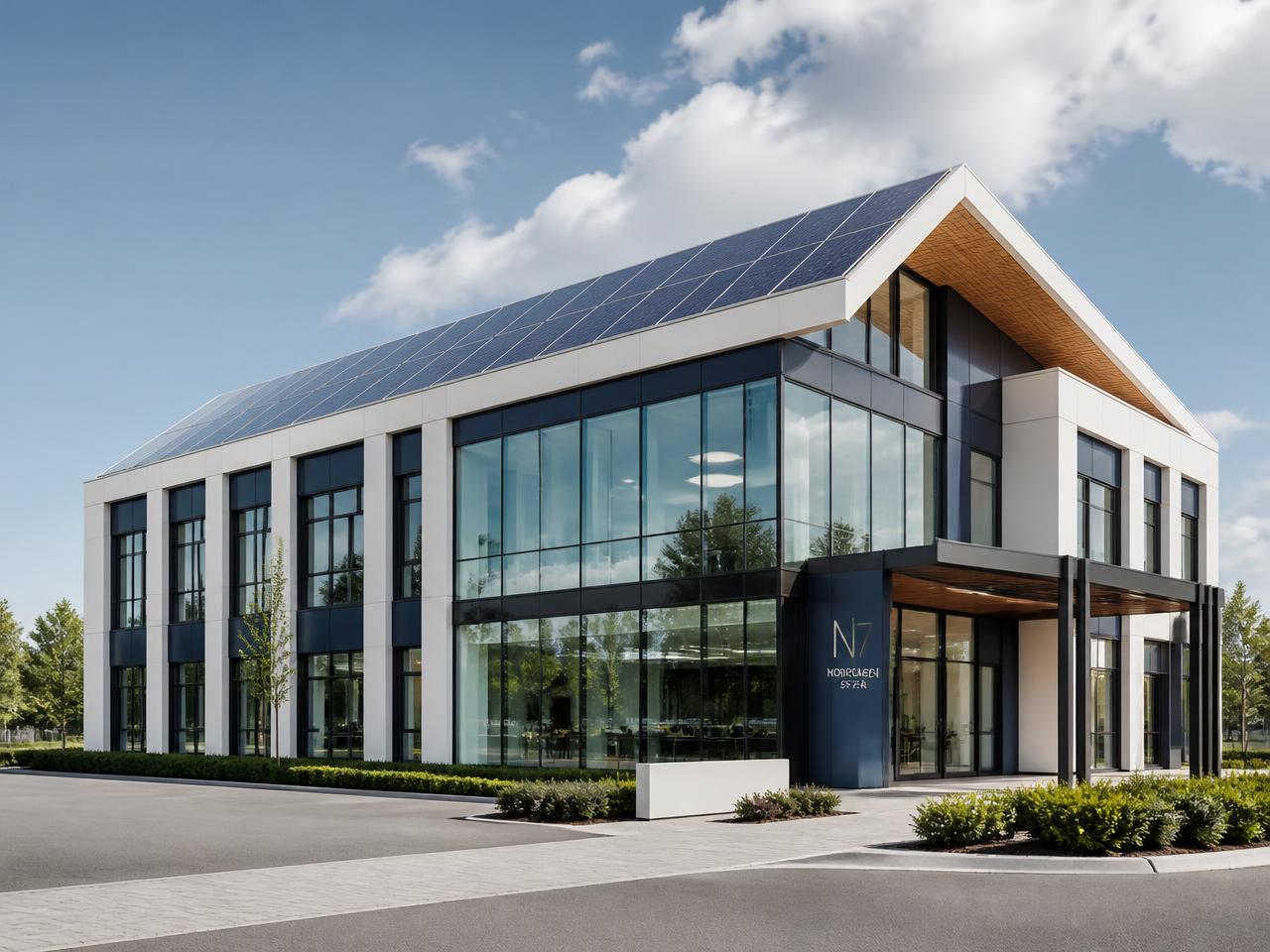 Modernt kommersiellt fastighetsbestånd med solceller och hållbar arkitektur
